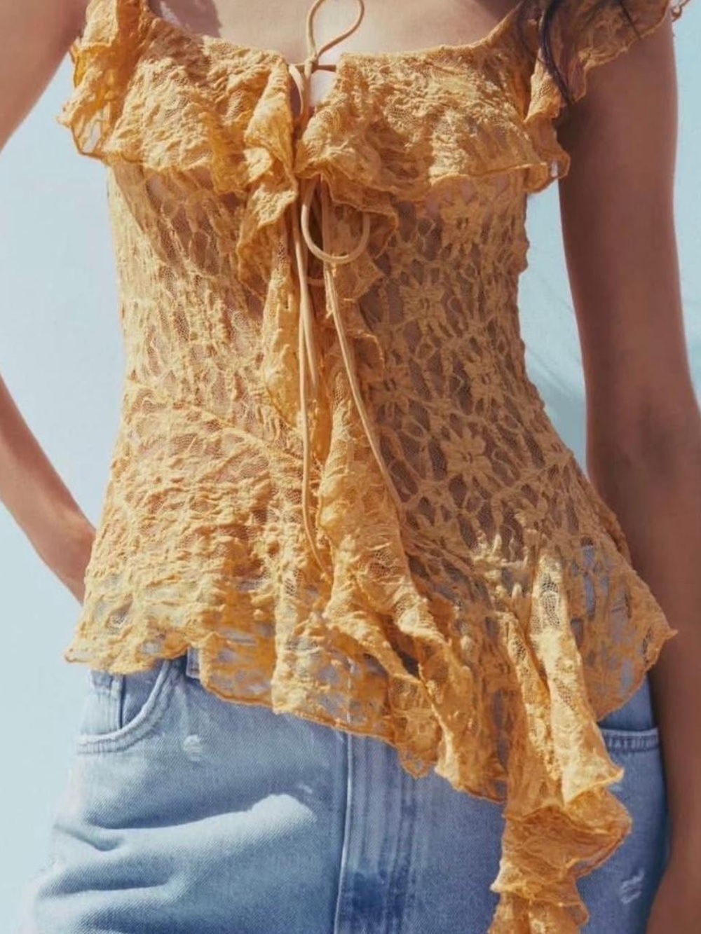 ZaraYellow Lace Ruffle Tie-Front Camisole